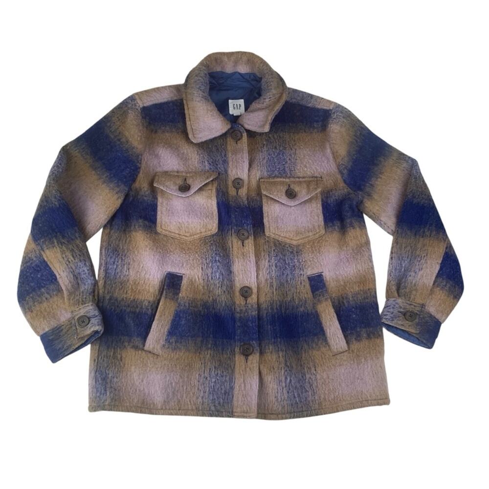 GAP women's medium lofty shirt jacket shacket blue multi purple tan plaid teddy